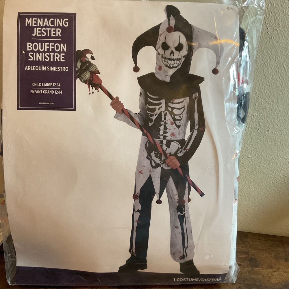 New Menacing Jester Halloween Costume - Scary Skeleton - Child Size Large 12-14